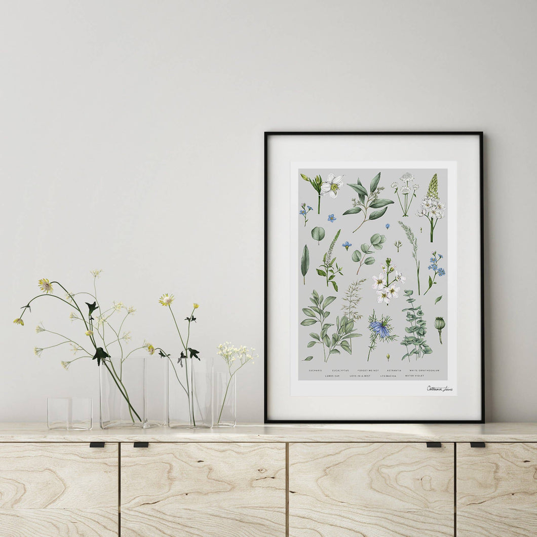 A wall art print with herbs and botanicals on a neutral grey background. It sits in a frame on a shelf beside some white flowers in vases. 