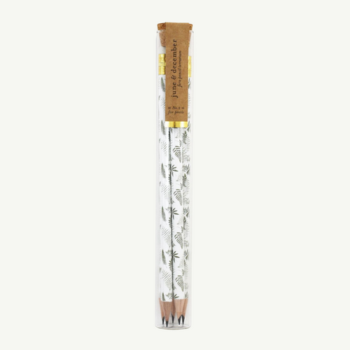 A set of 5 pencils in a glass propogation tube that is sealed with a cork. Each pencil is already sharpened and has delicate fern designs along the white barrel.