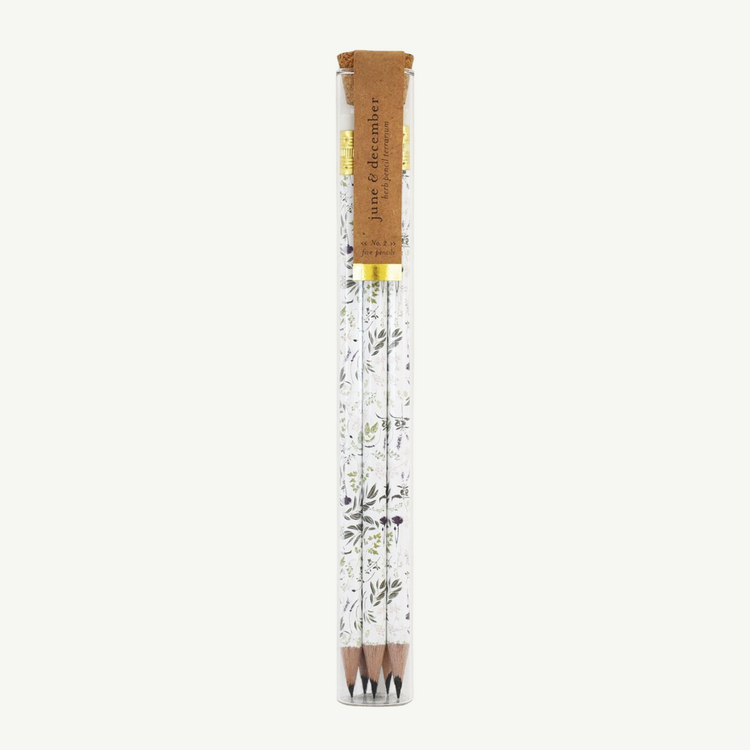 A set of 5 pencils in a glass propogation tube that is sealed with a cork. Each pencil is already sharpened and has delicate herb designs along the white barrel.